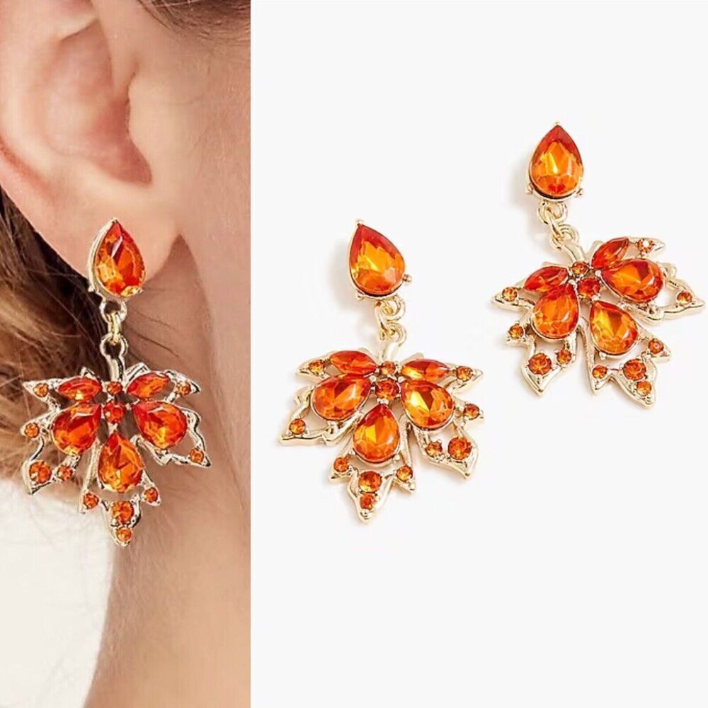 J Crew Crystal Leaf Cluster Drop Orange Amber Gold Statement Earrings NWT NEW🍂